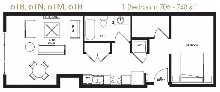 Floor plan for 1 bed, 1 bath, 726 sqft